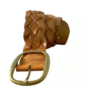 Wide, brown, braided leather belt w  bronze buckle